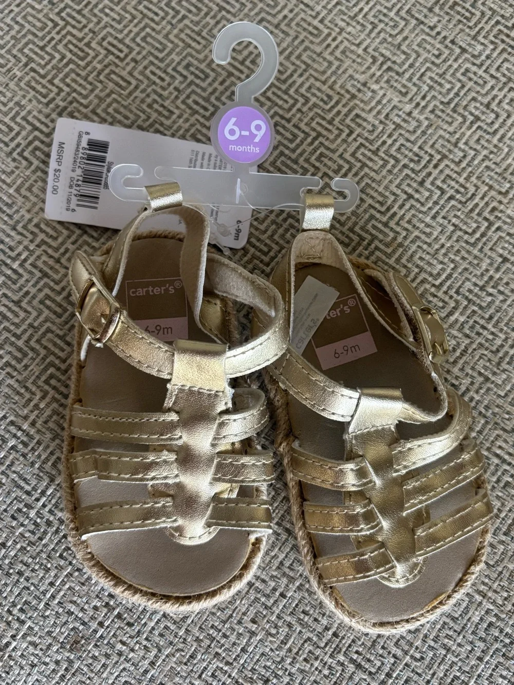 NWT Carter's Baby Girl Metallic Gold Espadrille Fisherman Sandals 6-9 month